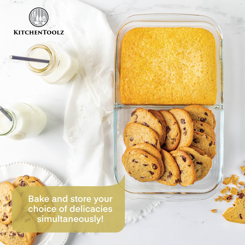 Divided Glass Casserole Baking Dish, Rectangular Bakeware Set 2.3 Qt