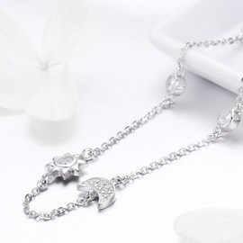 Platinum Plated Sterling Silver 14 to 16 Inch Adjustable Length Moon & Stars Necklace with AAA+ Cubic Zirconia