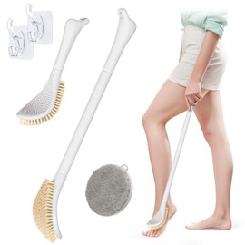 GEENOA New Foot Brush with Long handle, 3-in-1 Foot Scrubber Body Scrubber for Wet or Dry Brush, 10.2’’-27.5’’Adjustable Foot Scrub Brush and Silicone Body Scrubber Set, Gift-box Packaged(White kit02)
