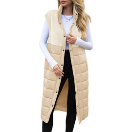 UMEKO Women's Long Puffer Vest Fleece Jacket Winter Button Down Sleeveless Coats