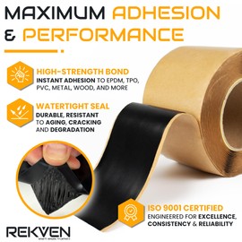 REKVEN EPDM Rubber Roofing Seam Tape Kit - 30 Feet x 3 Inch - Double Sided Butyl Tape – Black Self Adhesive for Liner Bonding Sealing Repairs – Works with EPDM TPO Hypalon and Other Membranes