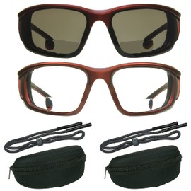 Bikershades Motorcycle Riding Safety Bifocal Glasses Reader Foam Padded Men Women Z87 Wind-Proof 1.50 Smoke & Clear Lens Red Frame Zipper Hard Case and Eye-Wear Retainer