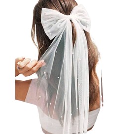 Amazleer Elegant Pearl White Bridal Hair Bow Veil, Short Tulle Wedding Veil with Barrette, Bride Hair Accessories for Bachelorette, Bridal Shower & Wedding Day