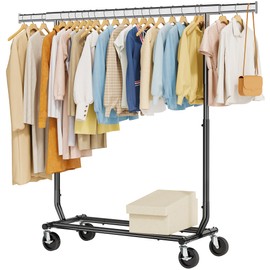 Tajsoon Clothes Rack Heavy Duty Clothing Rack Load 350 LBS, Metal Garment Rack with Wheels & Extendable Rod, Rolling Collapsible Clothes Racks for Hanging Clothes with Bottom Shelf, Black