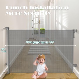 Babepai Retractable Baby Gates Extra Wide | 55" Wide x 38" Tall Dog Gates for Stairs | Indoor/Outdoor Use | Child Gates for Doorways, Deck, Porch, Hallways, Patio - Gray