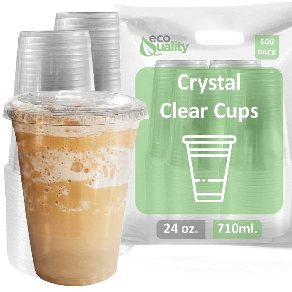 Iced Coffee Go Cups and Lids | Cold Smoothie | Plastic Cups with Lids | 24 oz Cups, 600 Pack | Clear Plastic Disposable Pet Cups | Ideal for Coffee, Parfait, Juice, Soda, Cocktail, Party Cups