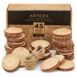 Arteza Wood Slices (45 Pieces) with Bark Natural Unfinished Pine 2.4"-2.8" Diameter Smooth Sanded Surface Includes 50' of Natural Jute Twine for Arts, Crafts, Christmas Wood Ornaments, Gifts