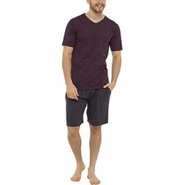 Tom Franks Mens Striped Cotton Jersey T Shirt & Short Pyjamas Grey Marl & Red XX-Large