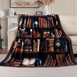 Bestraily Vintage Bookshelf Throw Blanket Reading Book Blanket for Book Lovers Lightweight Warm Cozy Fuzzy Plush Flannel Blanket Library Bookcase Throw Blanket for Bed Chair Couch 50" X 60"