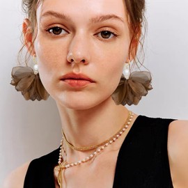 unixmoment Bohemian Big Pearl Fabric Flower Fringe Dangle Drop Earrings Handmade Floral Hook Earrings For Women (Brown)