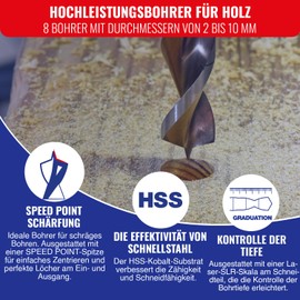 Tivoly G11 – Pack of 8 Wood Drill Bits, Technic Range (Diameter of 2, 3, 4, 5, 6, 7, 8, 10 mm)