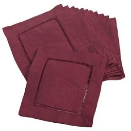 HNU 12 Piece All Seasons Easter 6" x 6" Classic Hemstitched Cocktail Napkins Set, Traditional Linen Blend Cotton Napkins Set, Casual Coaster Type Solid Color Pattern Square Shape Wine Red Napkins Set