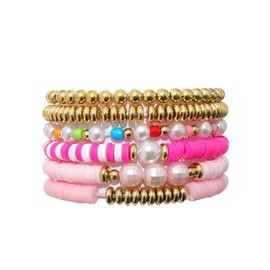 COLORFUL BLING 5-12Pcs Bohemian Love Heart Bead Bracelets for Women Vinyl Disc Heishi Surfer Stackable Stretch Bracelet Summer Beach Boho Jewelry-6pcs pink pearl
