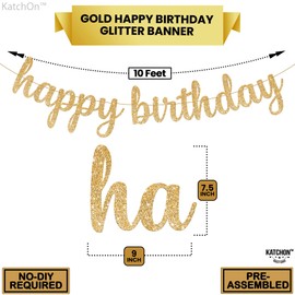 KatchOn, Glitter Cursive Gold Happy Birthday Banner - Pre-Strung, 10 Feet | Birthday Decorations for Women, Men, Boys and Girls | Hbd Banner Backdrop For Birthday Party Decorations | Gold Happy Birthday Sign
