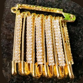 Decorative Golden Saree Pins with Double Stone,Safety Pin Decorated with Diamonds Set of 12