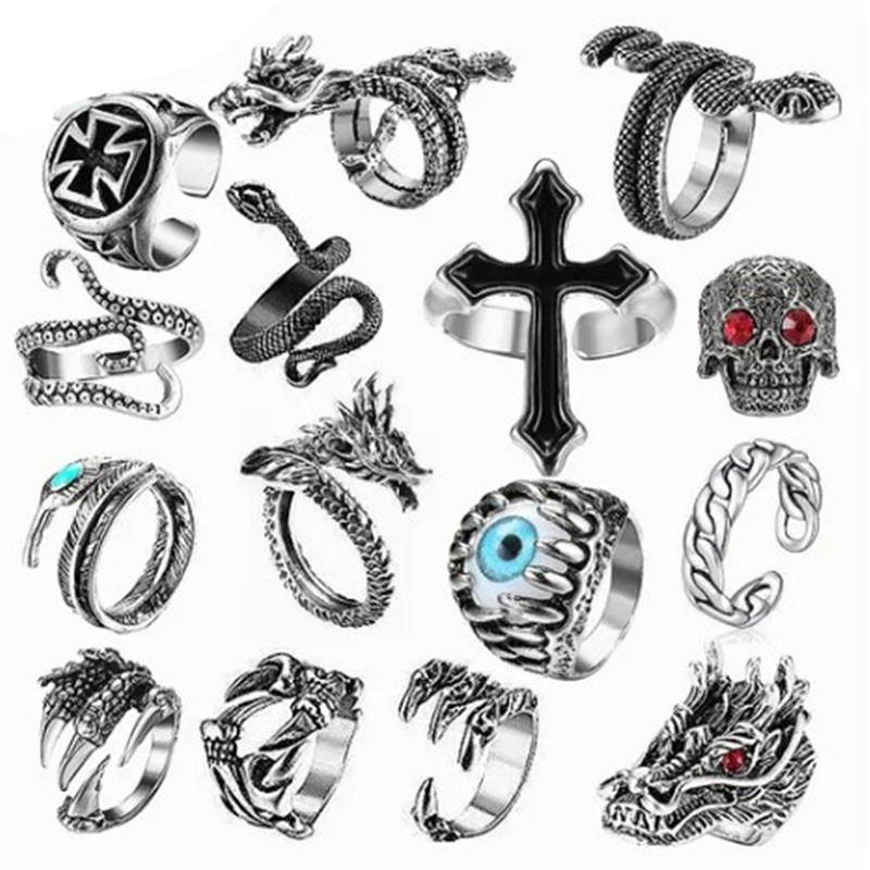 15pcs Rings Set Vintage Snake Skull Shaped Adjust Opening Alloy