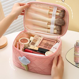 KASESSS Floral Makeup Bag, Make Up Bag Cotton, Pink Toiletry Bag with Handle, Portable Cosmetic Bags, Stylish Makeup Pouch, Large Make Up Bags for Women, Aesthetic Wash Bags for Women and Girls Travel