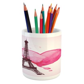 Ambesonne Eiffel Tower Pencil Pen Holder, Eiffel Romantic Valentine Love Watercolor Theme Heart Leaf Silhouette Print, Printed Ceramic Pencil Pen Holder for Desk Office Accessory, Fuchsia Brown