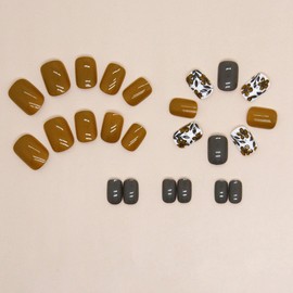 Square Press on Nails Short Fake Nails with Floral Designs Yellow Nails Press ons Grey Acrylic Nails Glossy Glue on Nails Fall Artificial Stick on Nails for Women 24Pcs