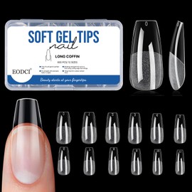 EODCI Nail Tips Set 600 Pieces Soft Gel Nail Tips Kit, Pre-Shaped Semi-Matte Tips Nails Gelly Nail Tips, Acrylic Artificial Nails 12 Sizes Long Coffin Nail Tips for Sticking Nail Art DIY