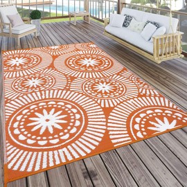 Ileading Outdoor Plastic Straw Rug 6x9ft Modern Geometric Style Reversible Patio Area Rugs Waterproof Non Shedding Portable Carpets for Rv Outside Deck Pool Beach Picnic Camping (Orange)