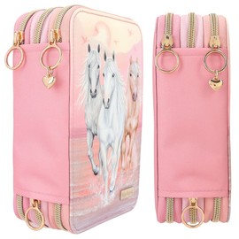 Depesche 12241 Miss Melody Sundown Filled 3-Compartment Pencil Case with Gold Appliques, Pencil Case with Coloured Pencils, Ruler, Scissors and Much More, Pink