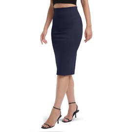 Urban CoCo Women's High Waist Stretch Pencil Skirt Knee Length Bodycon with Back Slit for Business Casual(L,Navy Blue)