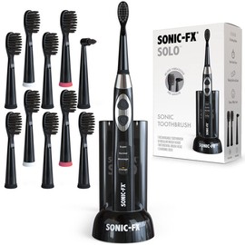 Sonic-FX Solo Electric Toothbrush w/ 10 Brush Heads + 1 Interdental, Charcoal Bristles, Rechargeable, Charging/Storage Base, 3 Brush Modes, Smart Timer, 2 Months Use on Full Charge, Black Color