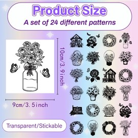 CREATCABIN 24 Pcs Flowers Silhouettes Jar Decals Mason Jar Decor Cut Out Stickers Scrapbooking Ornament Display Self Adhesive Waterproof Decoration for Glass Lantern Light Window Camping 3.5x3.9 Inch