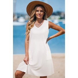 elescat Womens Summer Dresses Casual V Neck Sleeveless Pockets Beach Loose Tank Sundress (White, L)