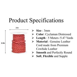 GENIQUE Real/Genuine Round Braided Leather Cord String Rope Folded, Leather Rope for Crafts, Jewelry Making, Necklace, Bracelets (Cyclaman Distressed, 3mm)