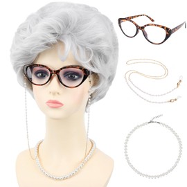 PUREHAIR White Old Lady Costume Wig for Women with Glasses Chain Necklace - Short Curly Grandma Wigs for Older Women Granny Outfit - Perfect for 100th Day of School Costume & Parties (Silver White)