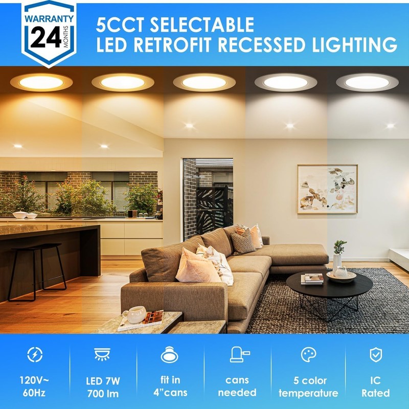 ANWIO 4Inch 5CCT LED Recessed Lighting,E26 7W 700LM Dimmable IC