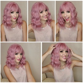 MINLEE Pink Wig with Bangs for Women 14 Inch Short Bob Wavy Curly Wig Pastel Pink Hair Wigs Heat Resistant Synthetic Wigs