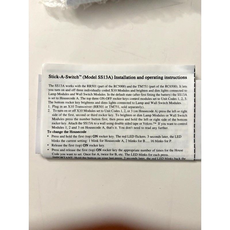 Universal X10 SS13A Stick-A-Switch Remote Wall Switch # Unit Dim