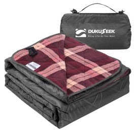 DUKUSEEK Large Camping Blanket - Waterproof, Quilted, Extra Thick Fleece, Warm, Windproof, Wearable, Includes Foldable Hood and Stuff Sack for Car, Outdoor Sports, Picnics, Stadiums, Dogs…