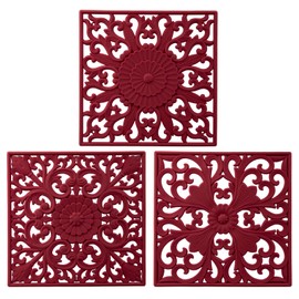 Kalsreui Silicone Trivets for Hot Dishes, Square Trivet Hot Pads for Kitchen Counter, Trivets for Hot Pots and Pans, Thick Heat Resistant Mat for Quartzs, Kitchen Tabletops Pot Holder Set 3 Melort Red
