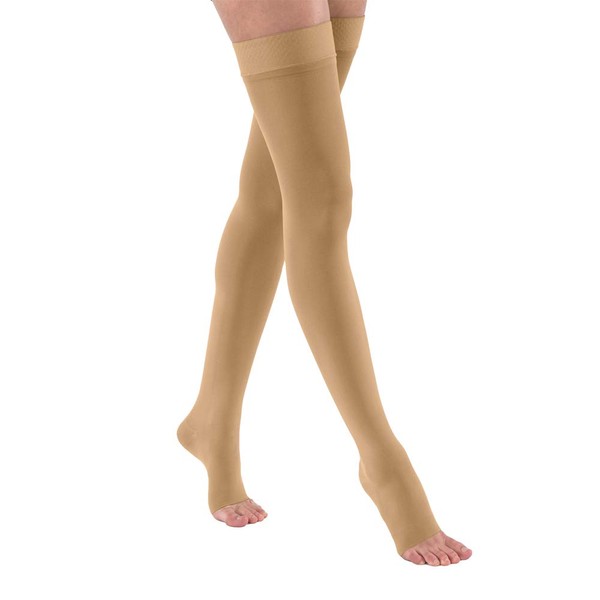 BSN Medical 115720 Jobst Opaque Thigh High with Silicone Dot Top Band Compression Stocking, 30-40 mmHg, Open Toe, X-Large, Honey