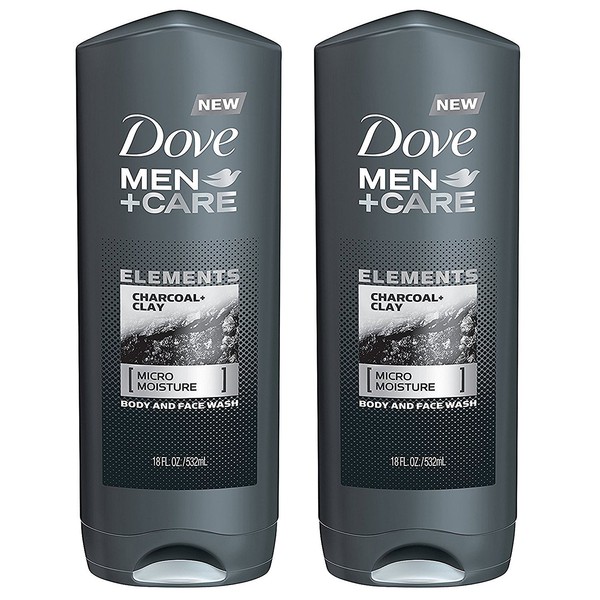 Dove Men + Care Body And Face Wash - Elements - Charcoal + Clay - Net Wt. 18 FL OZ (532 mL) Per Bottle - Pack of 2 Bottles