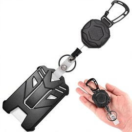 Ruayia Robust ID Card Holder with Adjustable Carabiner Hook, Extendable Rolling Mechanism, Practical Multifunctional Key Ring for ID Cards, Belt Clip and Keys - Black