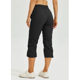 Willit Women's Quick-Dry Capris Travel Pants Lightweight Striped Woven Hiking Workout Casual Pants with Pockets Black M