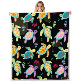 Sea Turtle Plush Blanket Cute Cartoon Reptile Printed Fleece Blanket Colorful Ocean Marine Animal Sherpa Throw Blanket for Bed Sofa Bedroom Decor Underwater Tortoise Throw 50"x60"