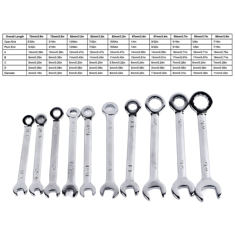 10PCS Mini Combination Wrench Set Steel Inch Open End Small