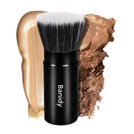 Banidy Brocha de maquillaje de base de punta plana Kabuki, brocha para rubor, polvos líquidos, brocha de viaje retráctil para mezclar cosméticos líquidos, en crema o en polvo