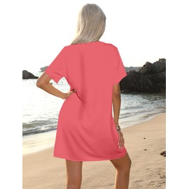 Halife Swim Coverups for Women 2025 V Neck Bathing Suit Cover Up Short Sleeve Summer Beach Coverup Watermelon Red S