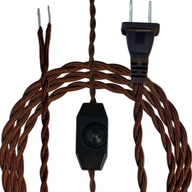 Royal Designs, Inc. 8Ft Twisted Rayon Lamp Cord with NEMA-15P Plug, Rotary Dimmer Switch, Stripped Ends Ready for Wiring, SPT-1 UL Listed, Brown - Pack of 1