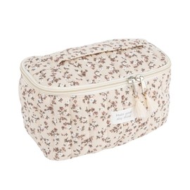 Kulturbeutel aus Baumwolle mit doppeltem Reißverschluss, Tragegriff, 20 x 12 x 12 cm, Make-up-Organizer, Blumen, Weiß, Rosa, Klassisch