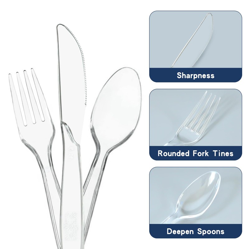 100 Pcs Clear Plastic Silverware Extra Heavy Duty, 50 Forks