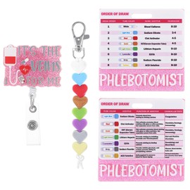 Phlebotomy Badge Reel, Order of Draw Phlebotomy Essentials, Pink Glitter Order of Draw Badge Card Blood Draw Kit, Retractable Phlebotomist Nurse Badge Buddy for Phlebotomist Accessories Gifts