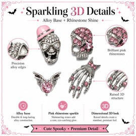 Pink Halloween Nail Art Charms, 3D Gothic Nail Rhinestone with Skull, Spider, Cross and Snake Designs for Nail Decoration